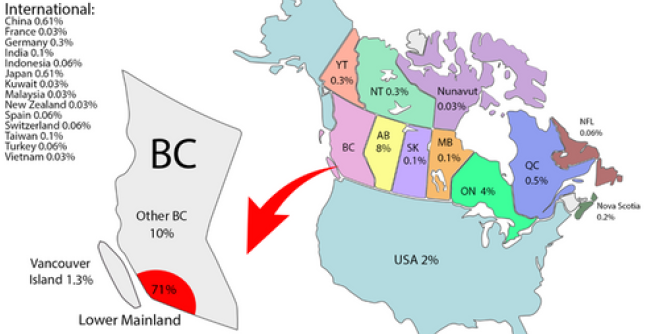 Map of the geographic distribution of APSC Co-op student work terms in Canada