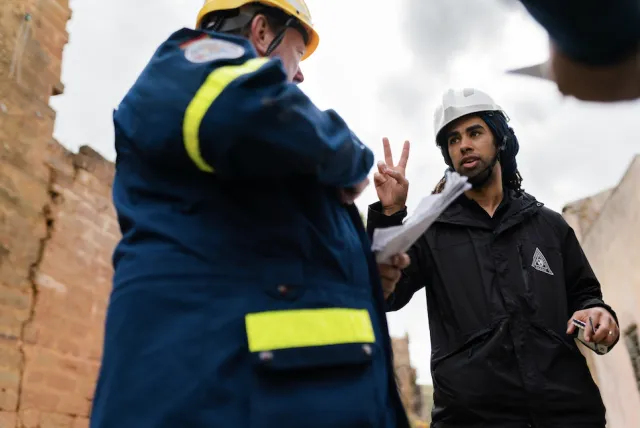 Two individuals in safety gear having a discussion at an outdoor site.