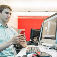 A student working in the office